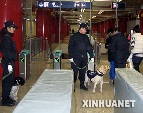 民警牵引警犬在地铁站内进行适应性训练（2007年12月28日摄）。 从2008年1月1日起，北京市公安局公交总队下属警犬队的8条警犬在民警牵引下，正式进入北京地铁进行搜嗅易燃、易爆危险物品的工作。据介绍，进入地铁巡逻的警犬均为“性情温顺、服从性好、不具有攻击性”的犬种。其工作地点以重点地段、重点时间的地铁站口、售票厅为主，一旦发现可疑物品，警犬会立即“蹲坐”在可疑物品前，以此提示民警。