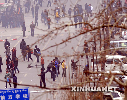 3月14日中午，在拉萨市朵森格路，不法分子在向路边商铺、汽车扔石头