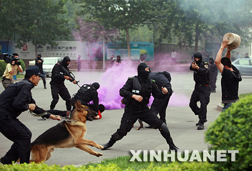 6月30日，参演武警围捕“恐怖分子”。 当日，“泰山2008”反恐演习在山东济南举行。演习旨在检验和提升山东城市防范、处置恐怖袭击事件的应急反应能力、组织指挥能力和综合保障能力。     新华社发 